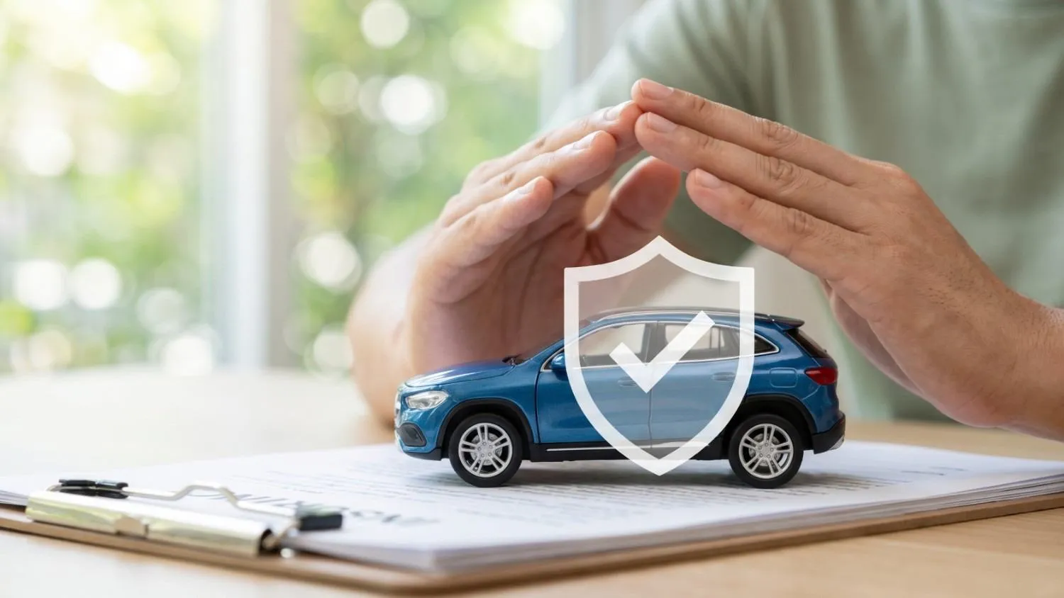 Hands shielding a toy car above insurance paperwork